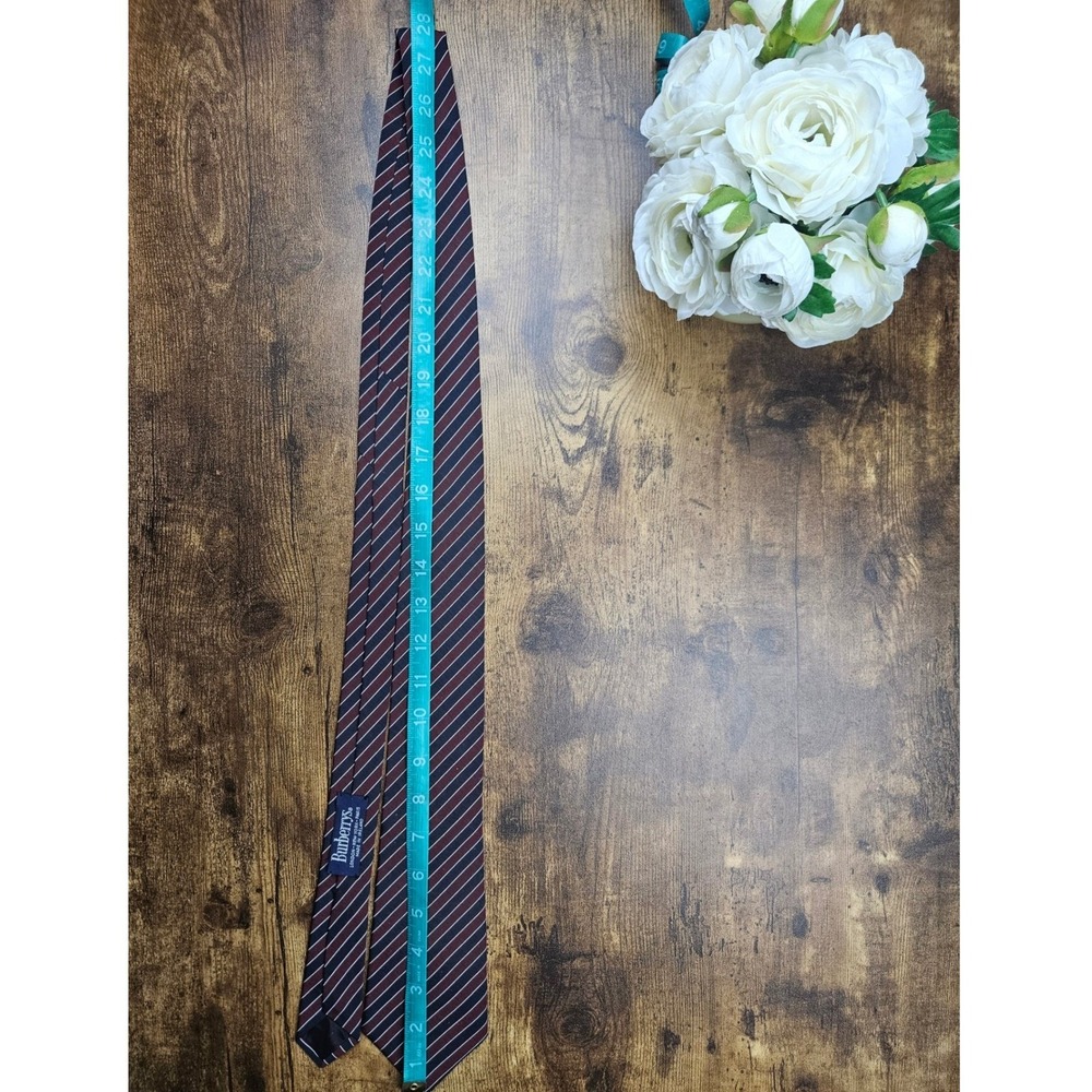 Vntg Burberrys Mens Burgundy Navy White Stripe Silk Tie Made in Ireland - Picture 7 of 10